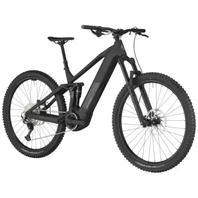 Bicicleta elétrica de montanha preta com suspensão e pneus Schwalbe Albert Trail