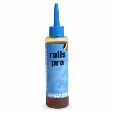 Garrafa plástica com tampa azul e rótulo azul com texto rolls pro