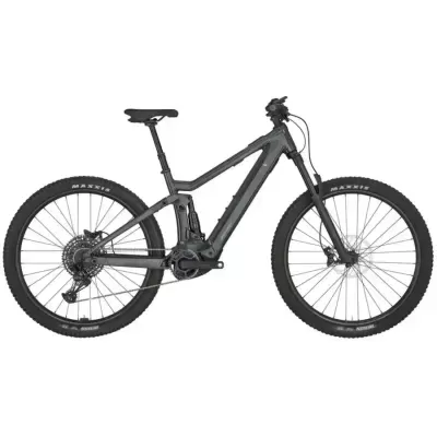 Bicicleta elétrica de montanha cinza escuro com pneus Maxxis