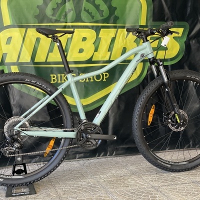 Bicicleta de montanha verde clara com suspensão dianteira e travões de disco