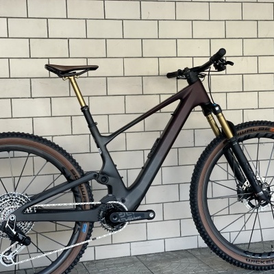 Bicicleta de montanha preta com suspensão dourada encostada em parede de tijolos brancos