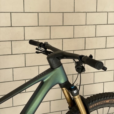 Bicicleta de montanha verde escuro com garfo dourado junto a parede de tijolos brancos