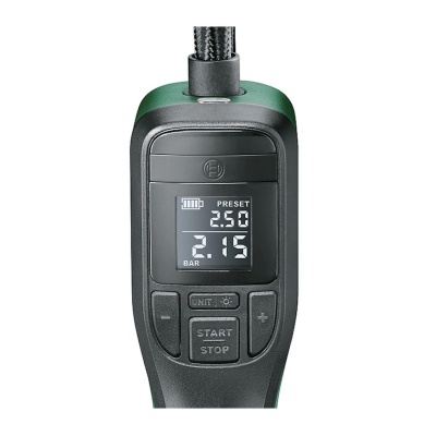 Manómetro digital preto e verde com visor LCD e botões START STOP, +, -, UNIT.