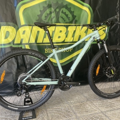 Bicicleta de montanha verde claro com pneus pretos e fundo com banner 'DAN BIKE'