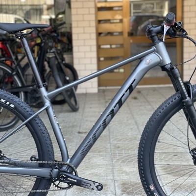 Bicicleta de montanha GT cinzenta com pneus Maxxis e suspensão dianteira
