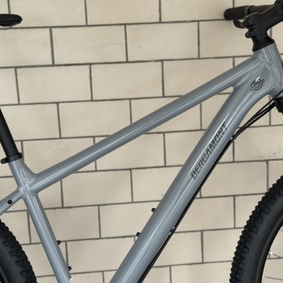 Bicicleta de montanha cinzenta com suspensão dianteira e pneus grossos