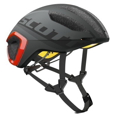 Capacete de bicicleta preto e cinza com detalhes vermelhos e amarelos