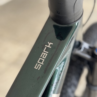 Detalhe do tubo superior de bicicleta verde escura com inscrição 'eSPAY' e guidão preto