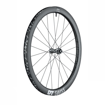Roda de bicicleta DT Swiss de carbono preta com raios metálicos