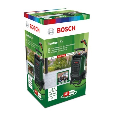 Embalagem do limpador a bateria BOSCH Fontus 18V com informações técnicas