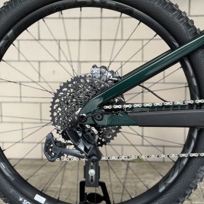 Roda traseira de bicicleta com pneu preto Schwalbe Magic Mary e quadro verde escuro