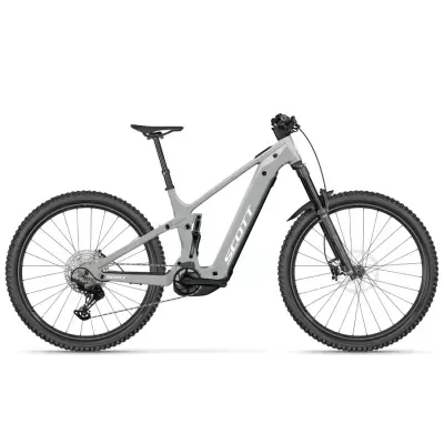Bicicleta de montanha elétrica SCOTT cinzenta com pneus pretos em fundo branco