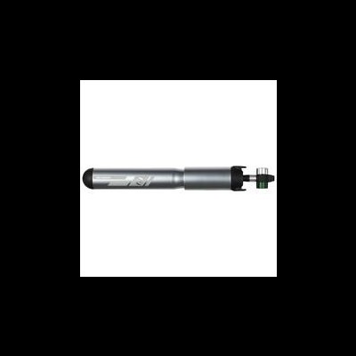 Bomba de ar portátil prateada para bicicleta com detalhes pretos e peça verde