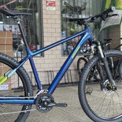 Bicicleta de montanha azul metálica com suspensão dianteira preta e pneus grossos colocada em exterior com piso de mosaico.