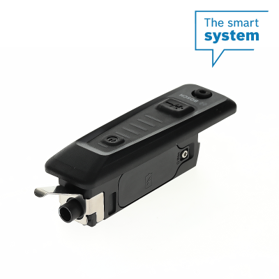 Dispositivo eletrónico preto BOSCH com botões e texto The smart system azul