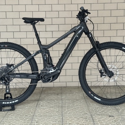 Bicicleta elétrica de montanha cinza com pneus Maxxis colocada em suporte