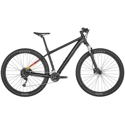 Bicicleta de montanha preta com pneus Kenda e quadro metálico com detalhes coloridos