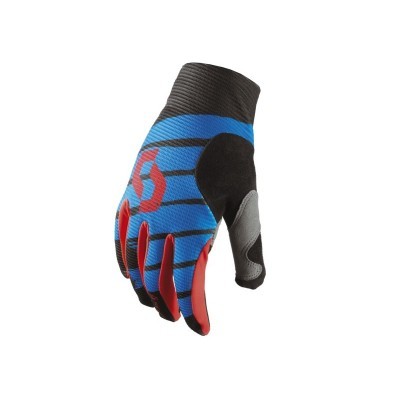 Luva desportiva azul com riscas pretas e detalhes vermelhos