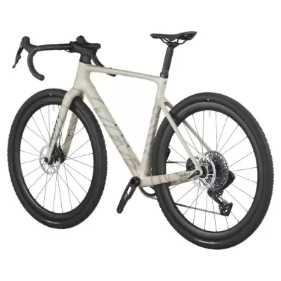Bicicleta de estrada SCOTT cinza claro com guiador e rodas pretas em fundo branco