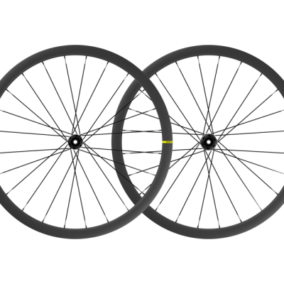 Par de rodas de bicicleta de carbono preto com detalhes amarelos