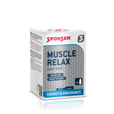 Embalagem branca do produto SPONSER® MUSCLE RELAX SOUR SHOT com detalhes cinza e azul