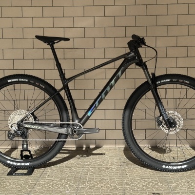 Bicicleta de montanha Scott cinza com pneus Maxxis Recon Race junto a uma parede de tijolos.