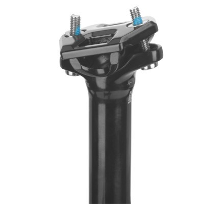 Suporte de selim de bicicleta preto com parafusos prateados e pontas azuis