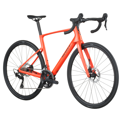 Bicicleta de estrada Scott vermelha com pneus pretos e travões de disco