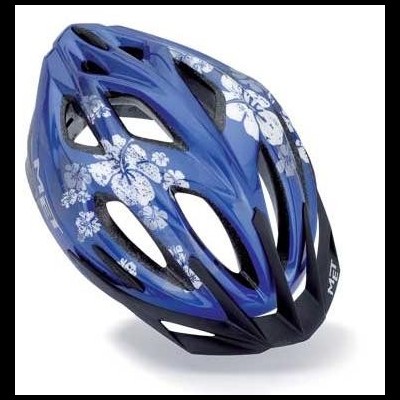 Capacete de bicicleta azul com flores brancas e inscrição M31.
