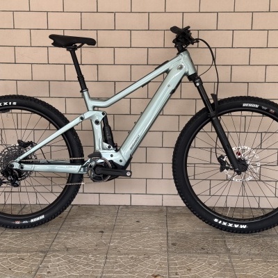 Bicicleta de montanha elétrica cinza metálico com pneus Maxxis e suspensão dianteira e traseira encostada numa parede de tijolos.