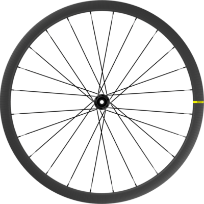 Roda de bicicleta com aro negro em carbono e 20 raios finos pretos