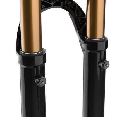 Garfo de suspensão para bicicleta com tubos dourados e partes pretas