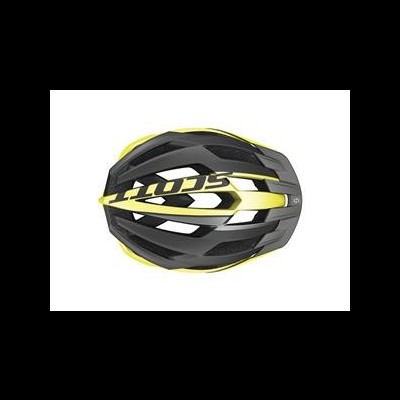 Capacete de ciclismo preto e amarelo com a palavra NUBE