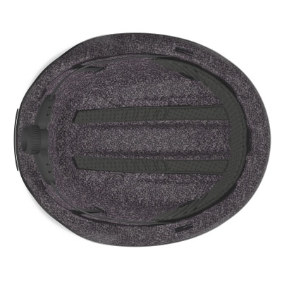 Interior de capacete cinza com tiras pretas e ajuste na parte traseira