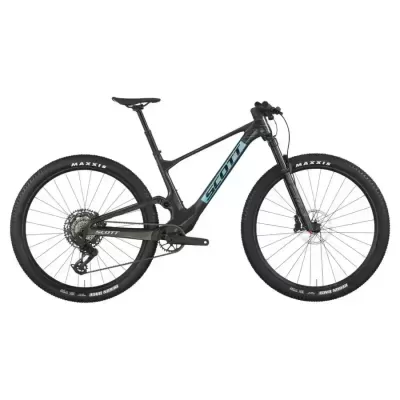 Bicicleta de montanha Scott preta e azul com pneus Maxxis
