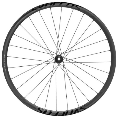 Roda de bicicleta de carbono preta com inscrições Syncros e Fire 24 Disc