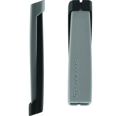 Dois clips para cabo de bicicleta cinzentos e pretos com texto 'syncros'