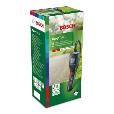 Embalagem do produto Bosch EasyPump, bomba elétrica preta com especificações