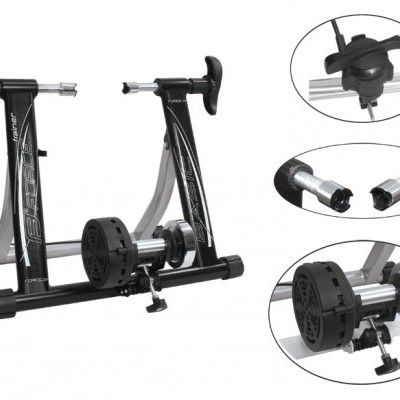 Rolo de treino para bicicleta com estrutura preta e componentes prateados