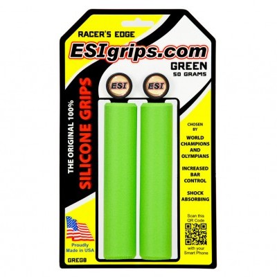 Duas pegas de silicone verdes para guiador embaladas em blister com design preto, amarelo e branco e texto promocional.