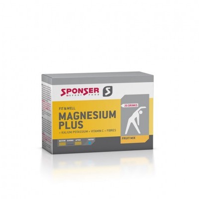 Caixa do suplemento Magnesium Plus da marca Sponser com cores cinza, amarelo e branco.