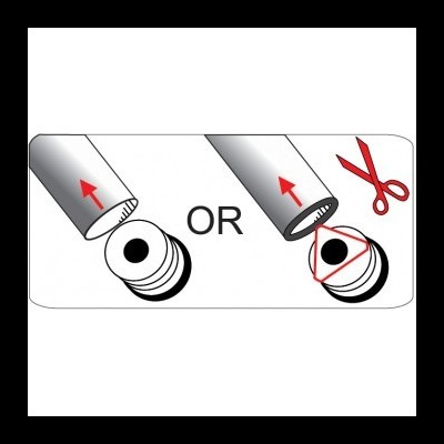 Instrução para remoção da tampa de tubos com setas vermelhas e tesoura