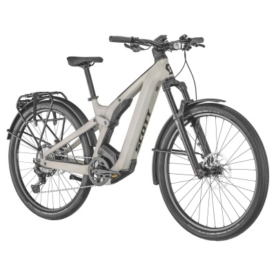 Bicicleta elétrica Scott bege com pneus pretos, selim e guiador pretos, e bagageira traseira