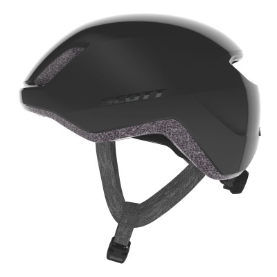 Capacete de ciclismo preto com correia cinzenta e logo SCOTT na lateral