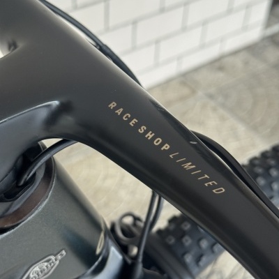 quadro de bicicleta preto com texto dourado RACE SHOP LIMITED