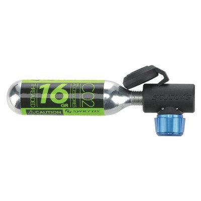 Cartucho cilindrico de metal para 16 gr CO2 com tampa preta e componente azul