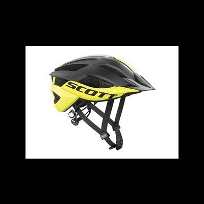 Capacete de bicicleta preto e amarelo com texto SCOTT
