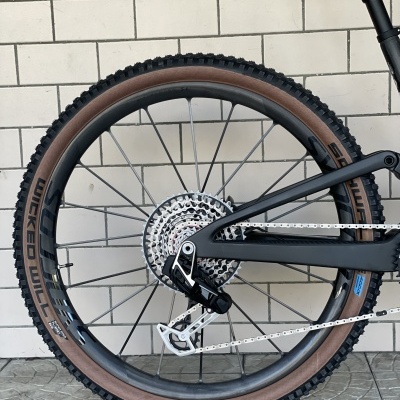 Roda traseira de bicicleta com pneu Schwalbe WICKED WILL TLE castanho e preto.