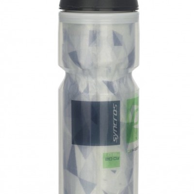 Garrafa desportiva de plástico translúcido com padrão geométrico e tampa preta