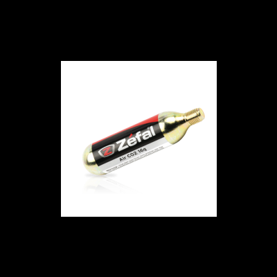 Cartucho metálico para CO2 da marca Zéfal com etiqueta preta, vermelha e branca.